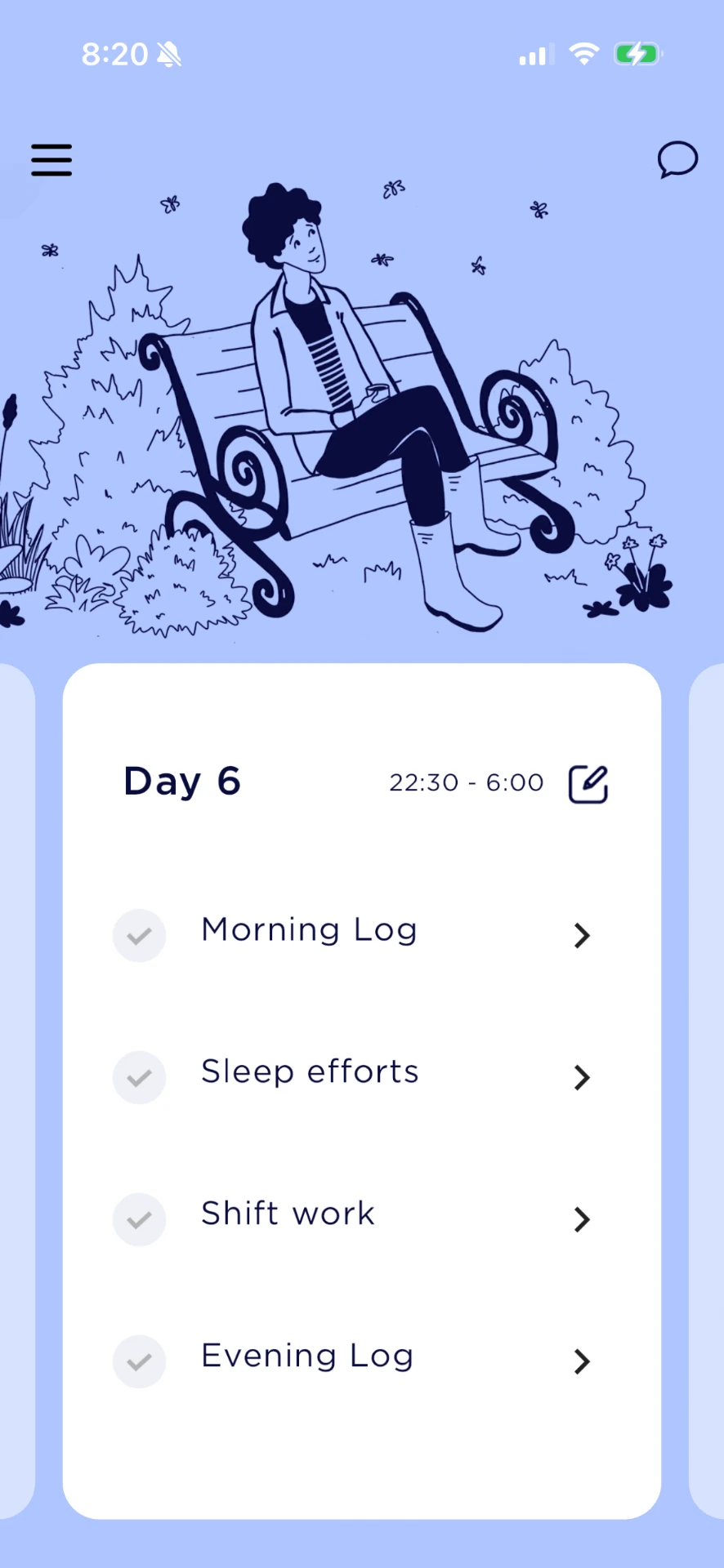 The BedTyme app on Day 6, showing the morning log, sleep efforts, shift work, and the evening log