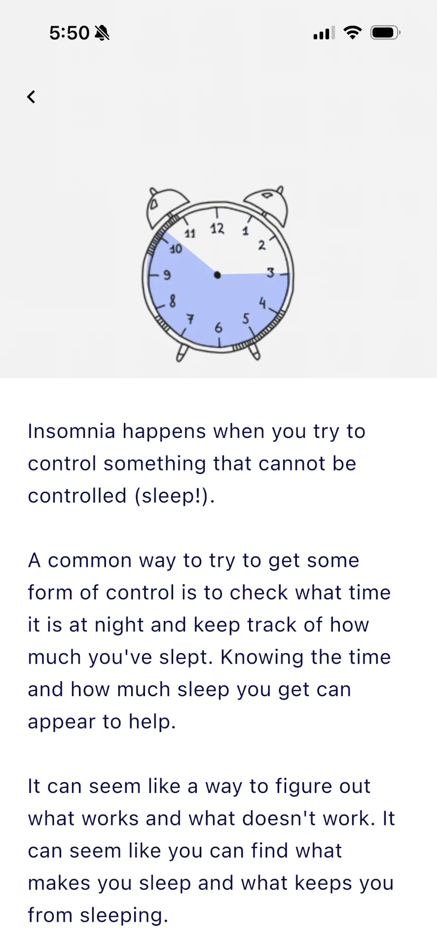 A bite-sized BedTyme lesson explaining that insomnia happens when you try to control something that cannot be controlled